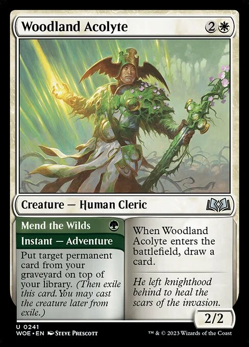 Woodland Acolyte // Mend the Wilds, carta Magic di tipo Creature — Human Cleric // Instant — Adventure illustrata da Steve Prescott