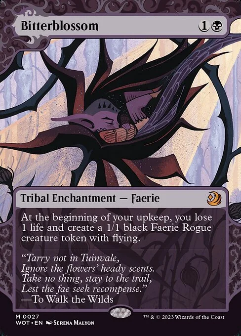 Bitterblossom, carta Magic di tipo Kindred Enchantment — Faerie illustrata da Serena Malyon