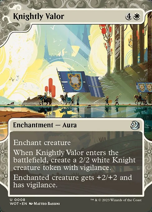 Knightly Valor, carta Magic di tipo Enchantment — Aura illustrata da Matteo Bassini