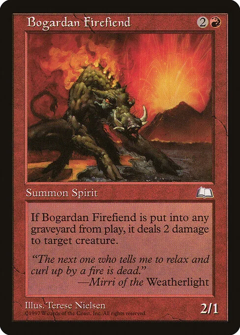 Bogardan Firefiend, carta Magic di tipo Creature — Elemental Spirit illustrata da Terese Nielsen