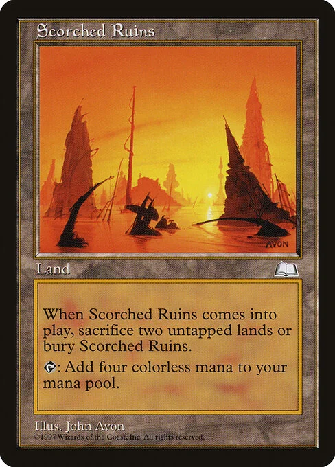Scorched Ruins, carta Magic di tipo Land illustrata da John Avon