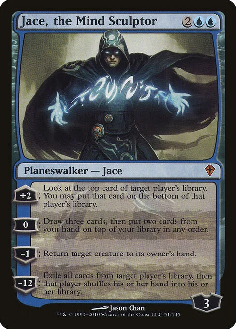 Jace, the Mind Sculptor, carta Magic di tipo Legendary Planeswalker — Jace illustrata da Jason Chan