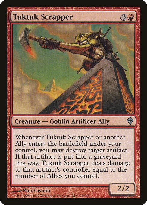 Tuktuk Scrapper, carta Magic di tipo Creature — Goblin Artificer Ally illustrata da Matt Cavotta