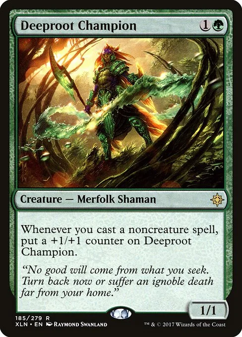 Deeproot Champion, carta Magic di tipo Creature — Merfolk Shaman illustrata da Raymond Swanland