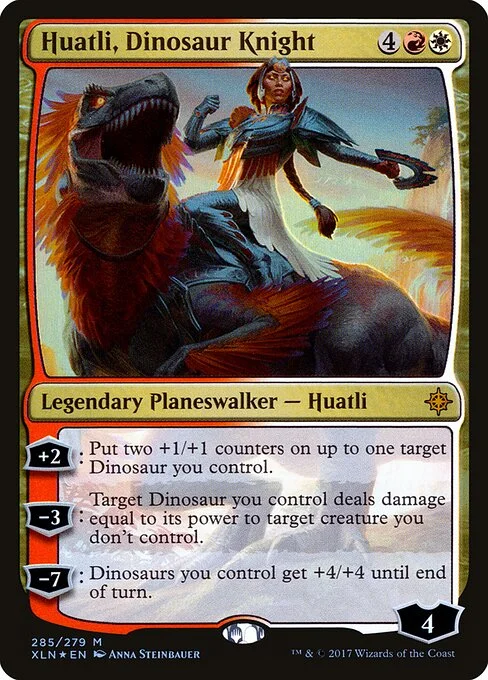 Huatli, Dinosaur Knight, carta Magic di tipo Legendary Planeswalker — Huatli illustrata da Anna Steinbauer