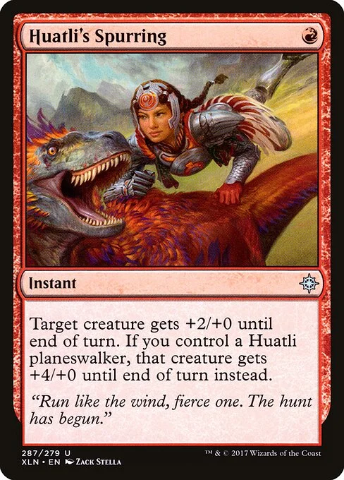 Huatli's Spurring, carta Magic di tipo Instant illustrata da Zack Stella