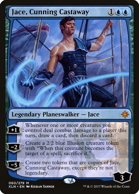 Jace, Cunning Castaway, carta Magic di tipo Legendary Planeswalker — Jace illustrata da Kieran Yanner