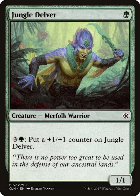 Jungle Delver, carta Magic di tipo Creature — Merfolk Warrior illustrata da Kieran Yanner