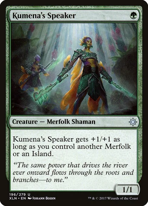 Kumena's Speaker, carta Magic di tipo Creature — Merfolk Shaman illustrata da Johann Bodin