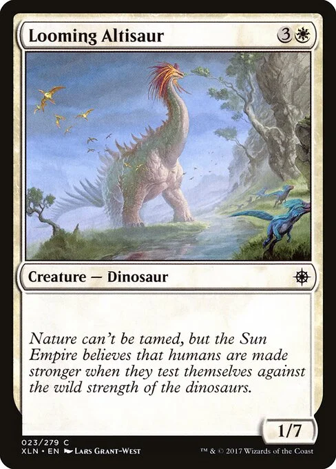 Looming Altisaur, carta Magic di tipo Creature — Dinosaur illustrata da Lars Grant-West