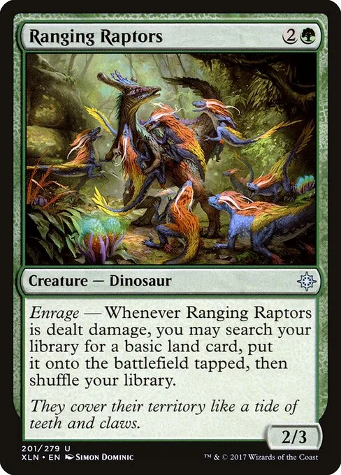 Ranging Raptors, carta Magic di tipo Creature — Dinosaur illustrata da Simon Dominic