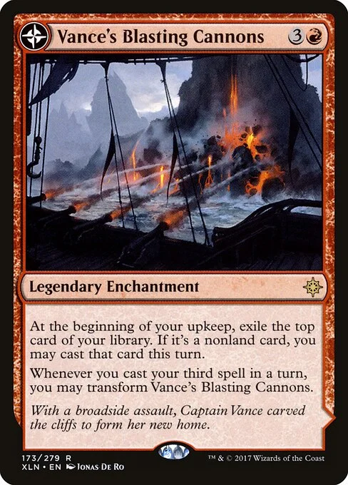 Vance's Blasting Cannons // Spitfire Bastion, carta Magic di tipo Legendary Enchantment // Legendary Land illustrata da Jonas De Ro