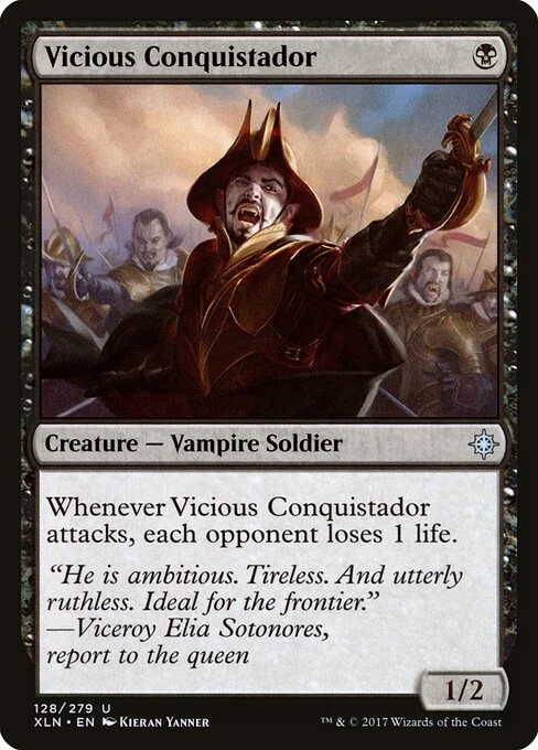 Vicious Conquistador, carta Magic di tipo Creature — Vampire Soldier illustrata da Kieran Yanner