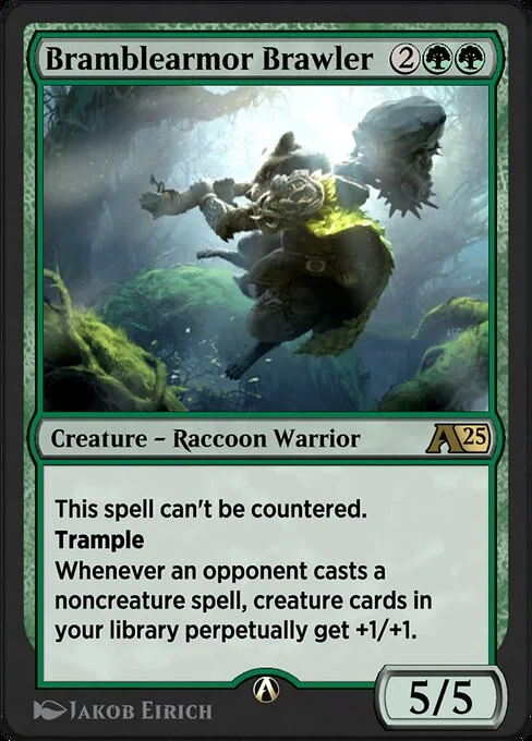 Bramblearmor Brawler, carta Magic di tipo Creature — Raccoon Warrior illustrata da Jakob Eirich