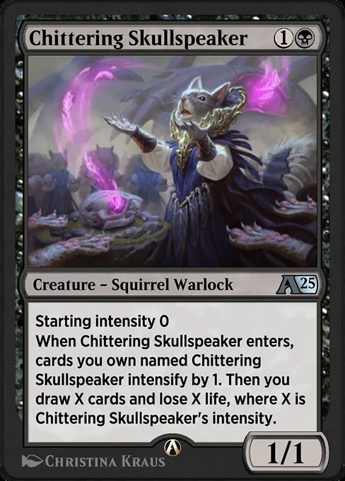 Chittering Skullspeaker, carta Magic di tipo Creature — Squirrel Warlock illustrata da Christina Kraus