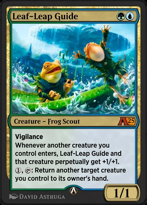 Leaf-Leap Guide, carta Magic di tipo Creature — Frog Scout illustrata da David Astruga