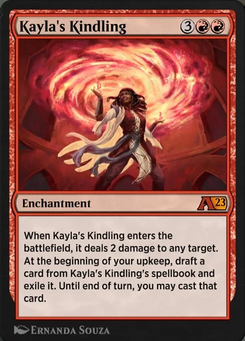Kayla's Kindling, carta Magic di tipo Enchantment illustrata da Ernanda Souza