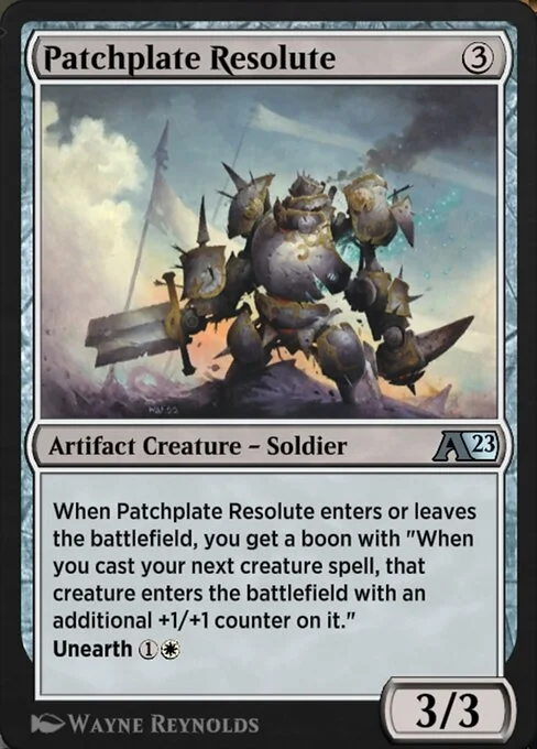 Patchplate Resolute, carta Magic di tipo Artifact Creature — Soldier illustrata da Wayne Reynolds