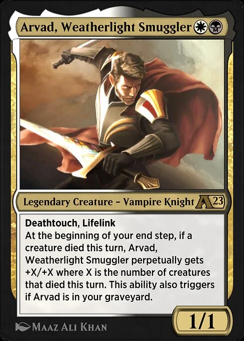 Arvad, Weatherlight Smuggler, carta Magic di tipo Legendary Creature — Vampire Knight illustrata da Maaz Ali Khan