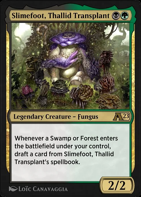 Slimefoot, Thallid Transplant, carta Magic di tipo Legendary Creature — Fungus illustrata da Loïc Canavaggia
