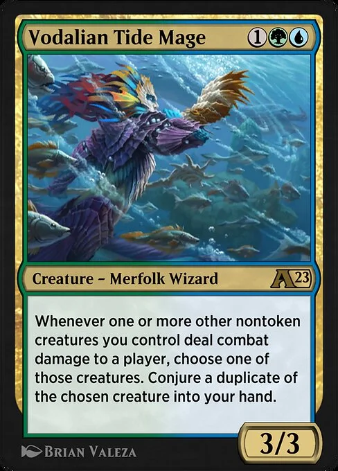 Vodalian Tide Mage, carta Magic di tipo Creature — Merfolk Wizard illustrata da Brian Valeza