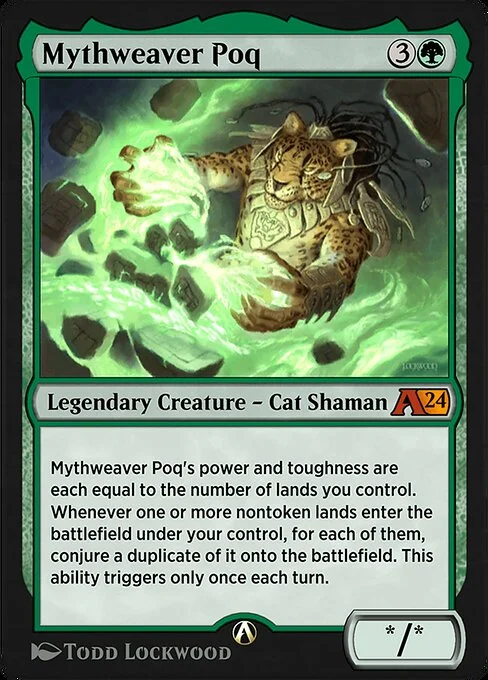 Mythweaver Poq, carta Magic di tipo Legendary Creature — Cat Shaman illustrata da Todd Lockwood