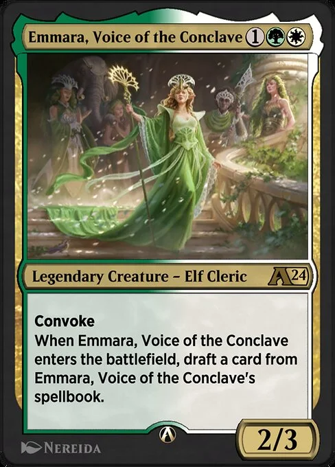 Emmara, Voice of the Conclave, carta Magic di tipo Legendary Creature — Elf Cleric illustrata da Nereida