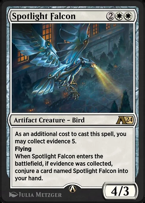 Spotlight Falcon, carta Magic di tipo Artifact Creature — Bird illustrata da Julia Metzger