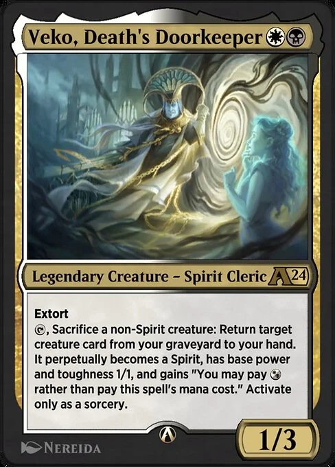 Veko, Death's Doorkeeper, carta Magic di tipo Legendary Creature — Spirit Cleric illustrata da Nereida
