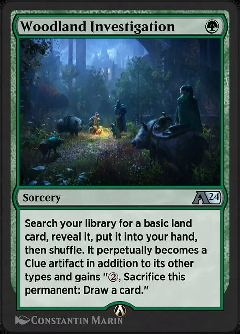 Woodland Investigation, carta Magic di tipo Sorcery illustrata da Constantin Marin