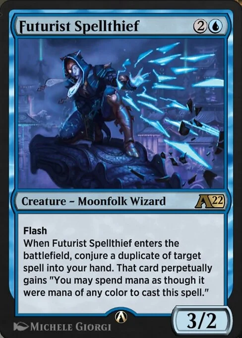 Futurist Spellthief, carta Magic di tipo Creature — Moonfolk Wizard illustrata da Michele Giorgi