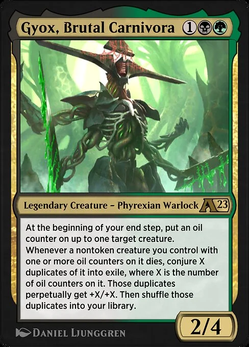 Gyox, Brutal Carnivora, carta Magic di tipo Legendary Creature — Phyrexian Warlock illustrata da Daniel Ljunggren