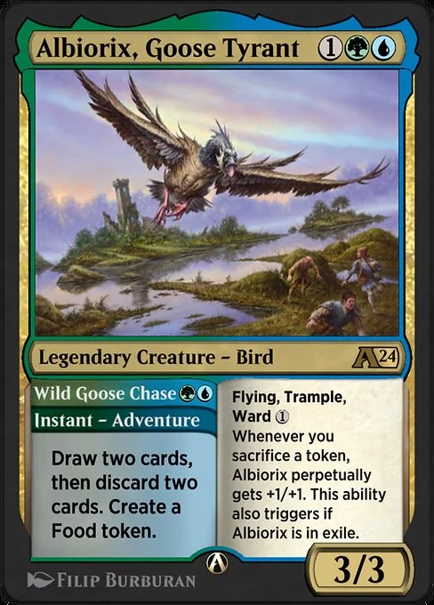 Albiorix, Goose Tyrant // Wild Goose Chase, carta Magic di tipo Legendary Creature — Bird // Instant — Adventure illustrata da Filip Burburan