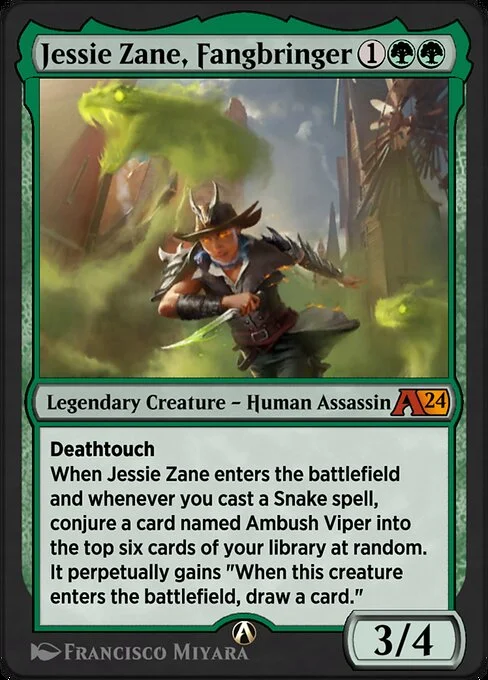 Jessie Zane, Fangbringer, carta Magic di tipo Legendary Creature — Human Assassin illustrata da Francisco Miyara