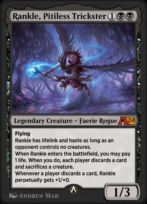 Rankle, Pitiless Trickster, carta Magic di tipo Legendary Creature — Faerie Rogue illustrata da Andrew Mar