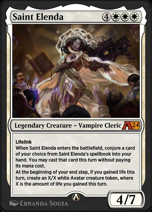 Saint Elenda, carta Magic di tipo Legendary Creature — Vampire Cleric illustrata da Ernanda Souza