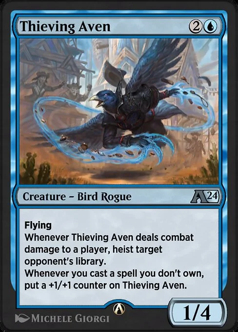 Thieving Aven, carta Magic di tipo Creature — Bird Rogue illustrata da Michele Giorgi