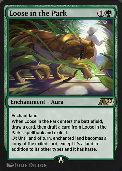 Loose in the Park, carta Magic di tipo Enchantment — Aura illustrata da Julie Dillon
