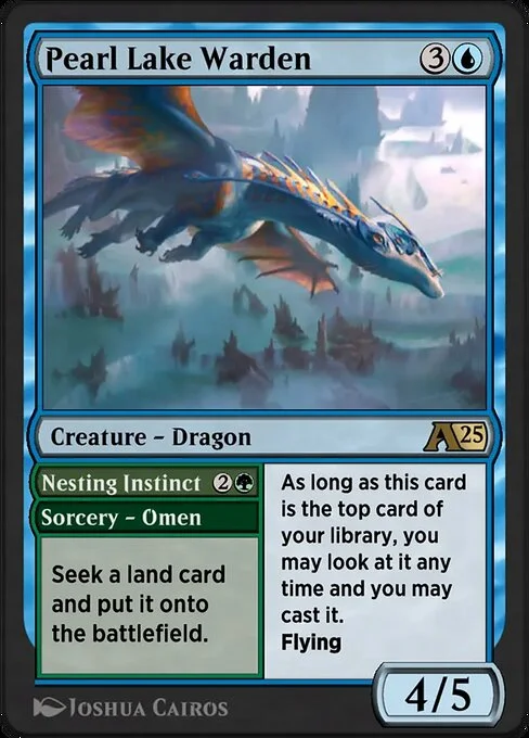 Pearl Lake Warden // Nesting Instinct, carta Magic di tipo Creature — Dragon // Sorcery — Omen illustrata da Joshua Cairos