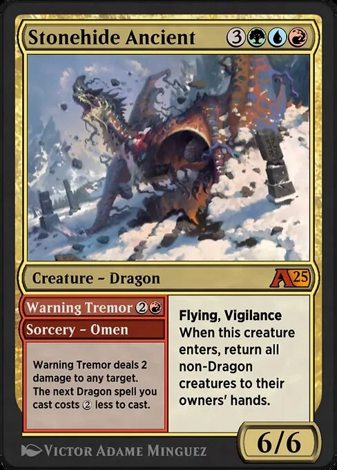 Stonehide Ancient // Warning Tremor, carta Magic di tipo Creature — Dragon // Sorcery — Omen illustrata da Victor Adame Minguez