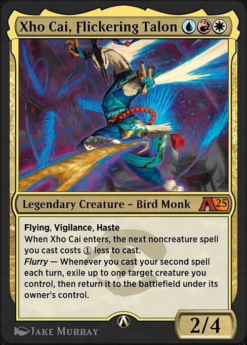 Xho Cai, Flickering Talon, carta Magic di tipo Legendary Creature — Bird Monk illustrata da Jake Murray