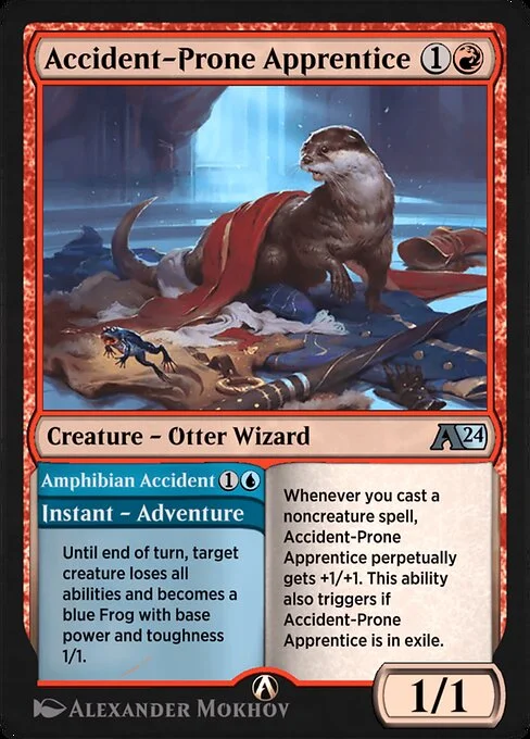 Accident-Prone Apprentice // Amphibian Accident, carta Magic di tipo Creature — Otter Wizard // Instant — Adventure illustrata da Alexander Mokhov