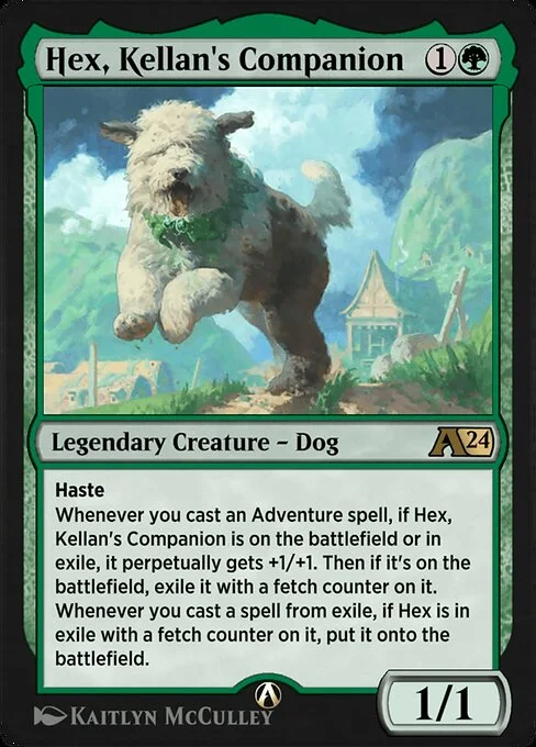 Hex, Kellan's Companion, carta Magic di tipo Legendary Creature — Dog illustrata da Kaitlyn McCulley