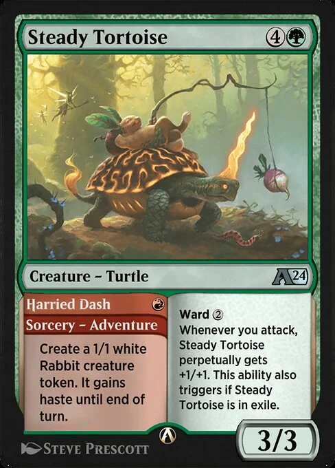 Steady Tortoise // Harried Dash, carta Magic di tipo Creature — Turtle // Sorcery — Adventure illustrata da Steve Prescott