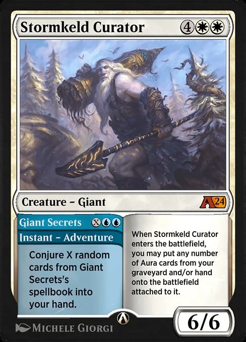 Stormkeld Curator // Giant Secrets, carta Magic di tipo Creature — Giant // Instant — Adventure illustrata da Michele Giorgi