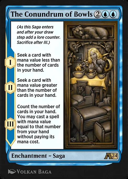 The Conundrum of Bowls, carta Magic di tipo Enchantment — Saga illustrata da Volkan Baǵa