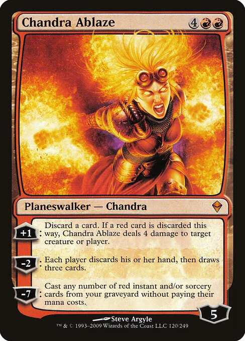 Chandra Ablaze, carta Magic di tipo Legendary Planeswalker — Chandra illustrata da Steve Argyle