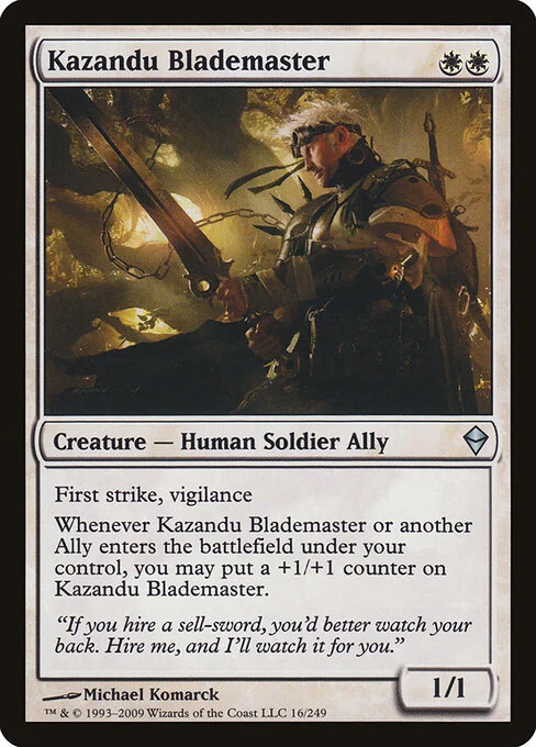 Kazandu Blademaster, carta Magic di tipo Creature — Human Soldier Ally illustrata da Michael Komarck