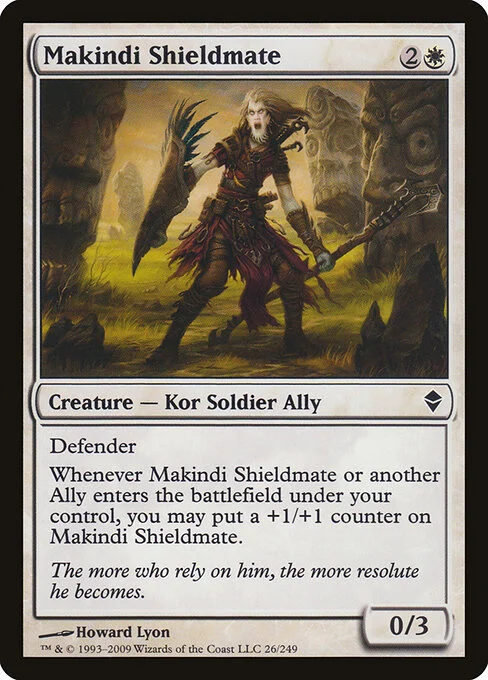 Makindi Shieldmate, carta Magic di tipo Creature — Kor Soldier Ally illustrata da Howard Lyon