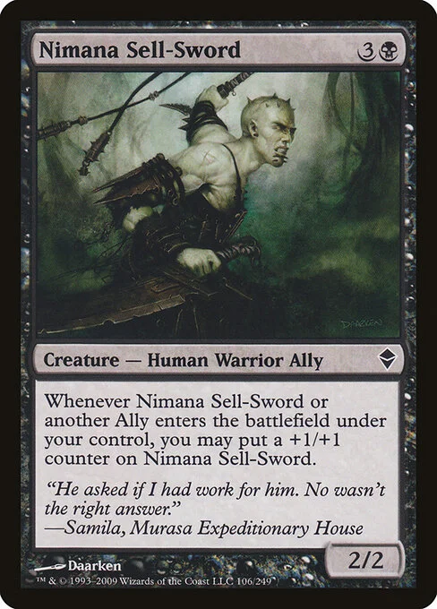 Nimana Sell-Sword, carta Magic di tipo Creature — Human Warrior Ally illustrata da Daarken